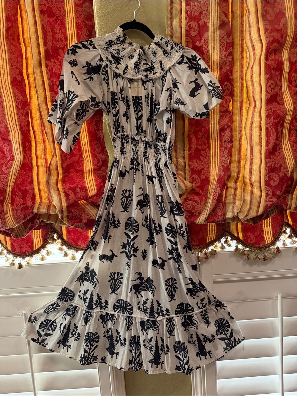 Guadalupe Smocked Waist Black & White Western Motif Midi Dress